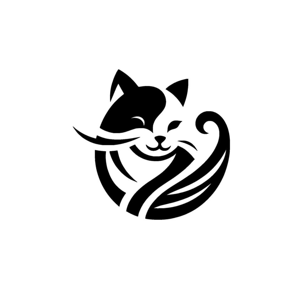 A stylized black and white cat logo, curled into a circular shape, with a smiling face and smooth, clean lines against a white backdrop. vector