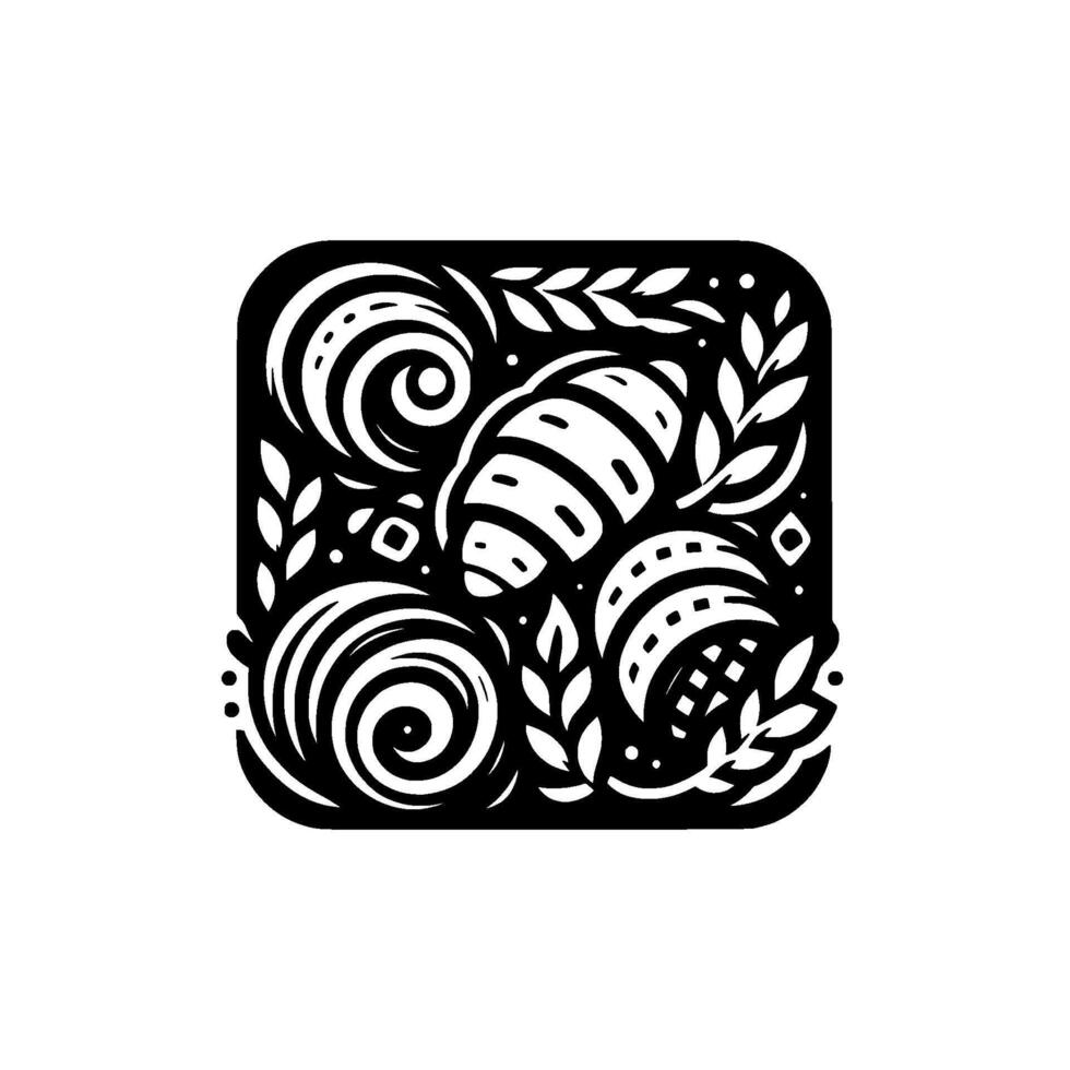 Artistic black and white square composition featuring baked goods, foliage, and ornate swirls, illustrating bakery aesthetic. vector