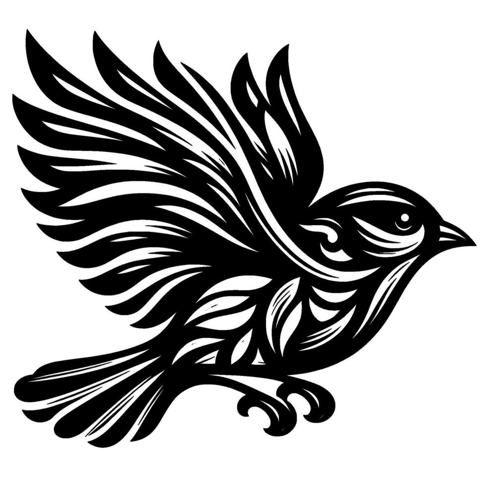 Black and white illustration of a bird in flight, stylized with ornamental feather details against a white background. vector