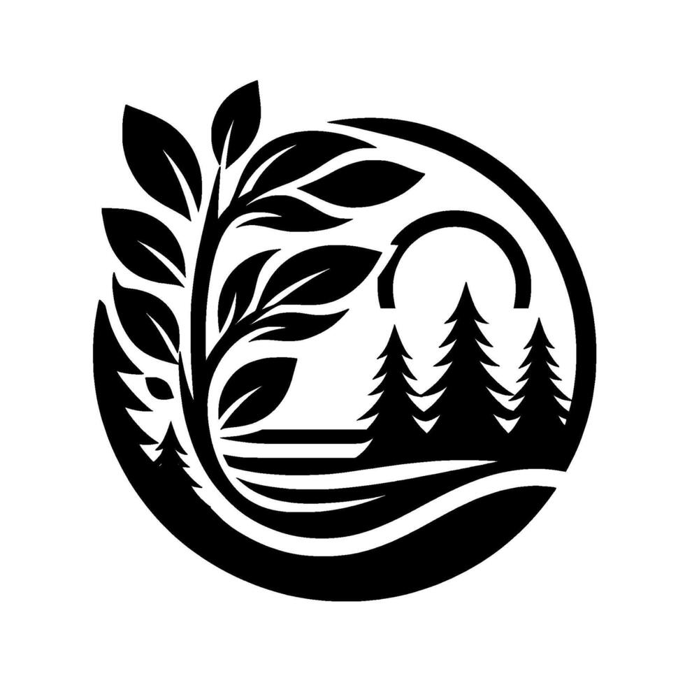 Black and white minimalist logo, landscape scene with tree, evergreens, foliage, arched bridge, and water lines inside a circle. vector