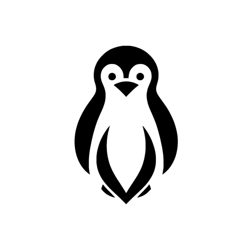 Minimalist black and white penguin in a flat style, standing centrally on a white background, with a cartoonish appearance. vector