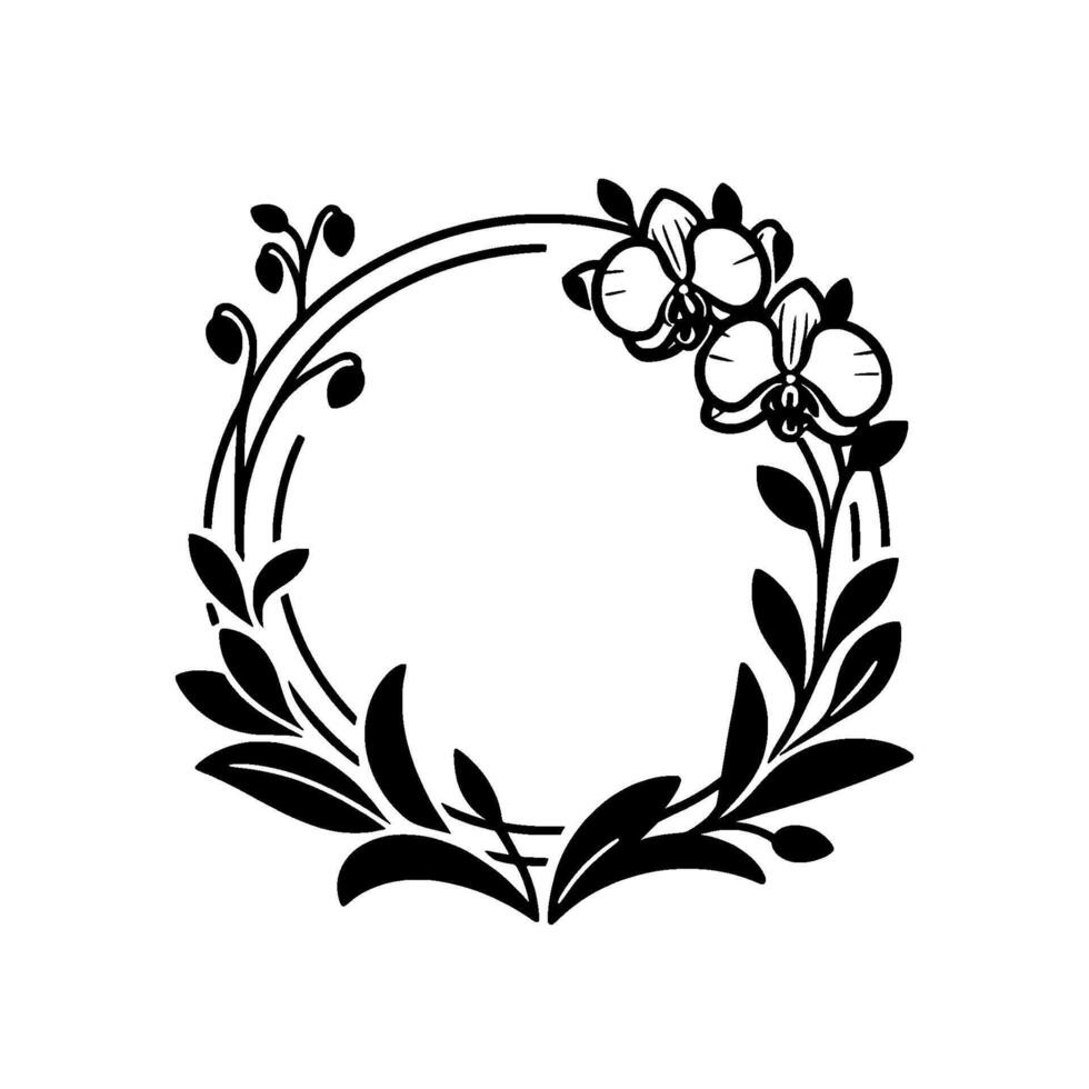 Elegant black and white orchid floral wreath design, circular frame, featuring blossoms and leaves, minimalist style, white background. vector