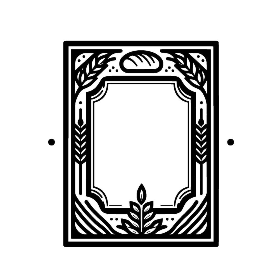 Black and white vintagestyle rectangular frame with wheat, leaves, and loaf of bread, empty center for text or image. vector