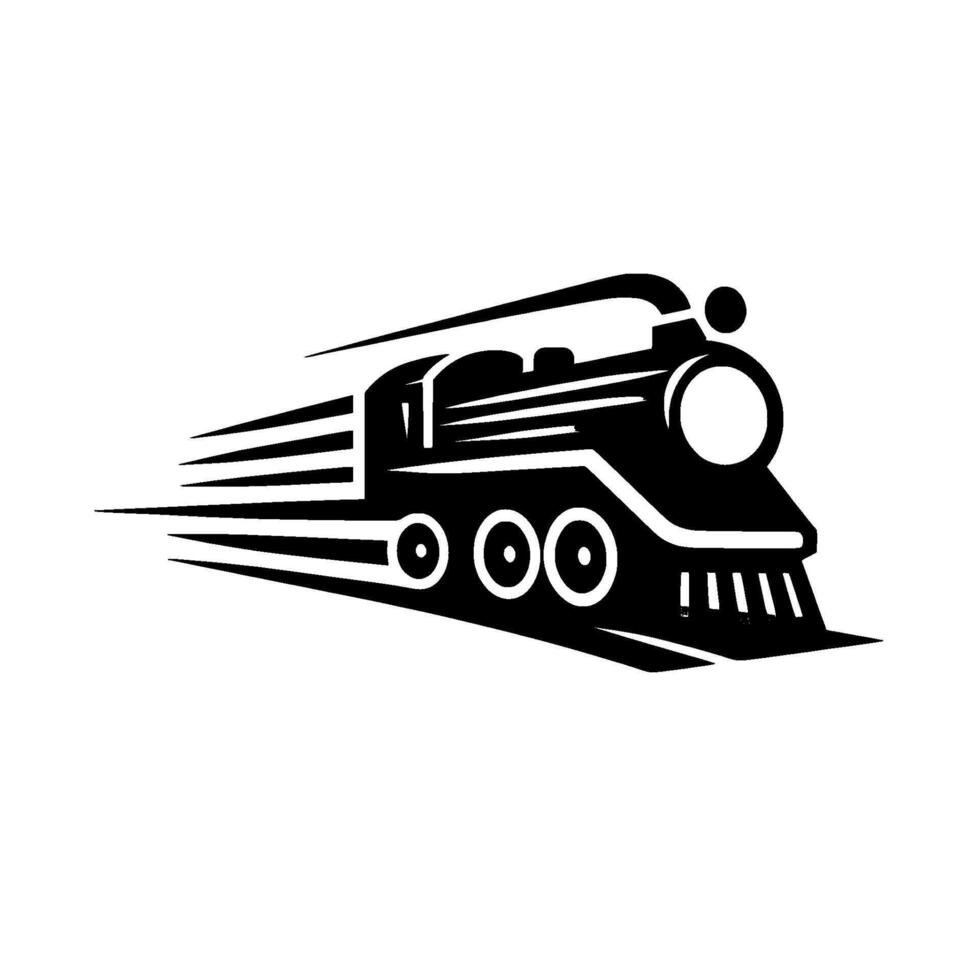 Sleek black silhouette of a classic steam locomotive with speed lines, representing motion and transportation. vector