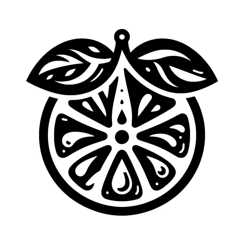 Bold black white illustration of a stylized lemon slice, leafy sprig, and droplets, ideal for logos or decorative design. vector