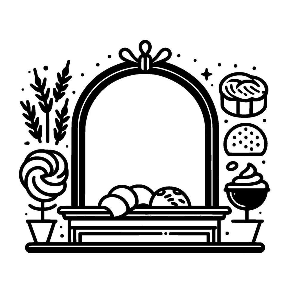 Stylized bakery vignette arched frame with baked goods, plants, and pastries, a black and white minimalist illustration. vector