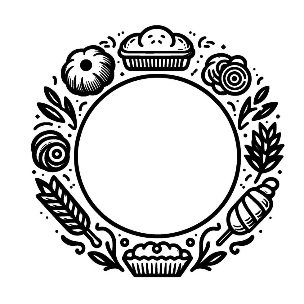 Circular black and white line art illustration featuring various baked goods and foliage elements encircling a blank center. vector