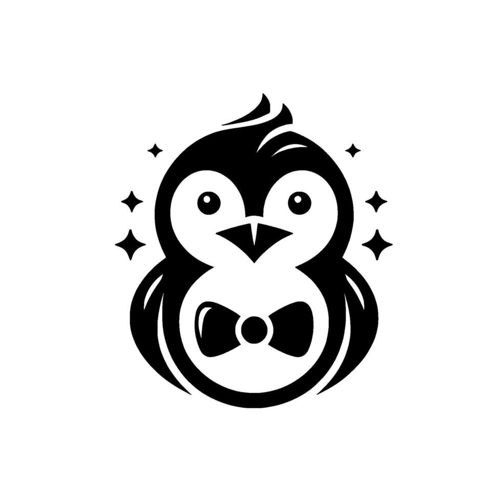 Stylish penguin with bowtie, black and white, sparkling stars, simple, elegant on white background. vector
