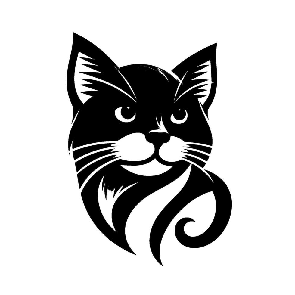 Bold monochrome illustration of a cats head, featuring stylized black fur, white accents, and a swirling tail design, on a bright background. vector