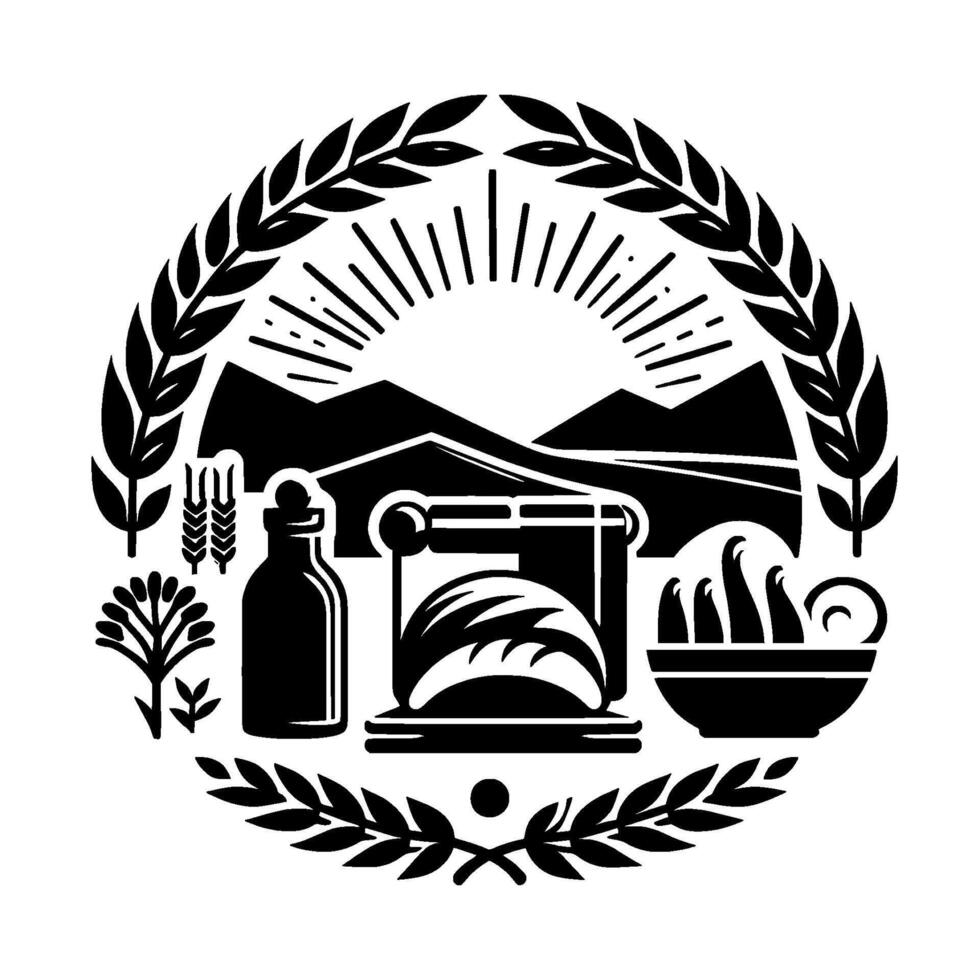 Symbolic monochrome emblem featuring wheat, bread, mountains, sunrise, oil, and foliage, in a circular arrangement. vector