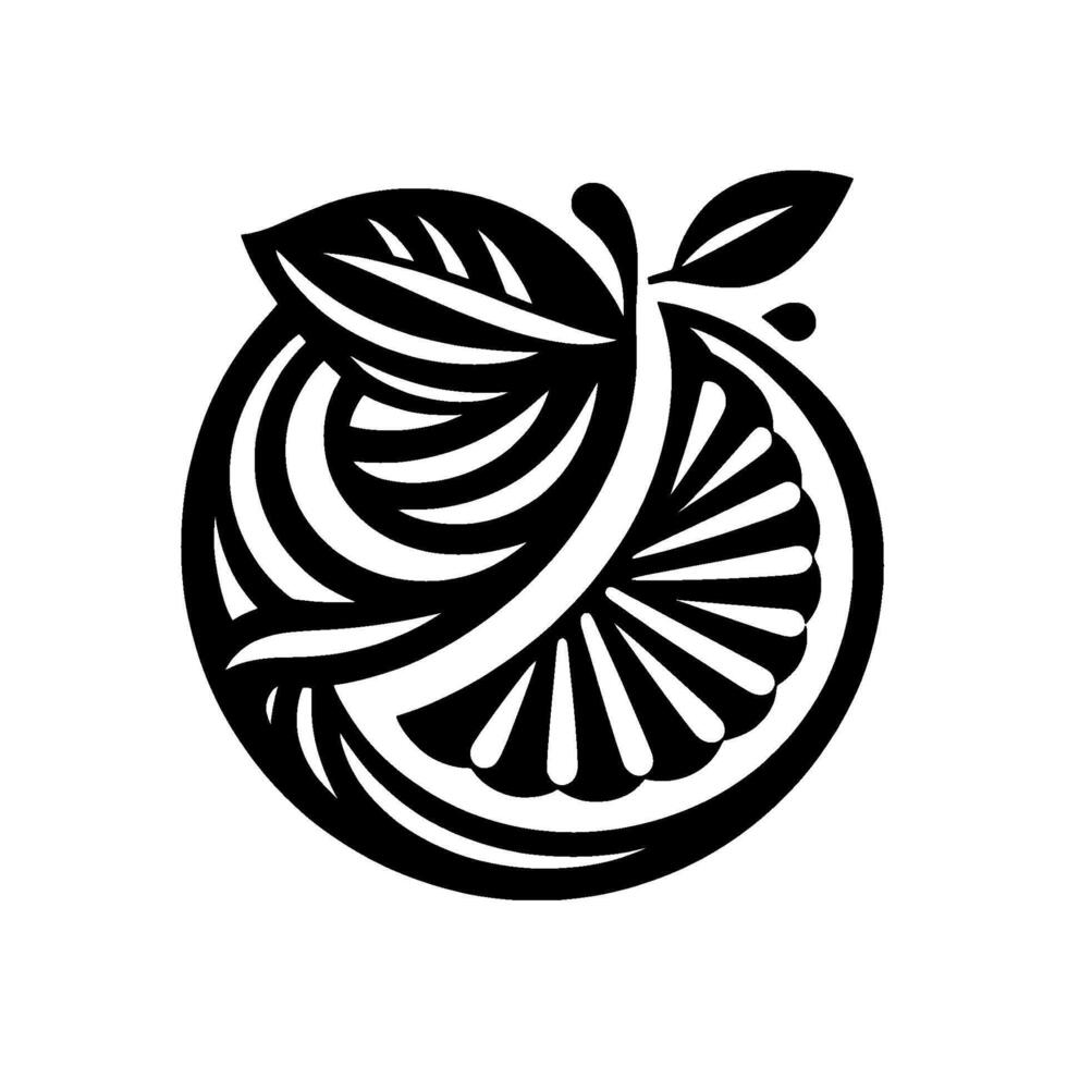 Abstract black white citrus fruit illustration with detailed leaf and slice designs, creating modern minimalist aesthetics. vector