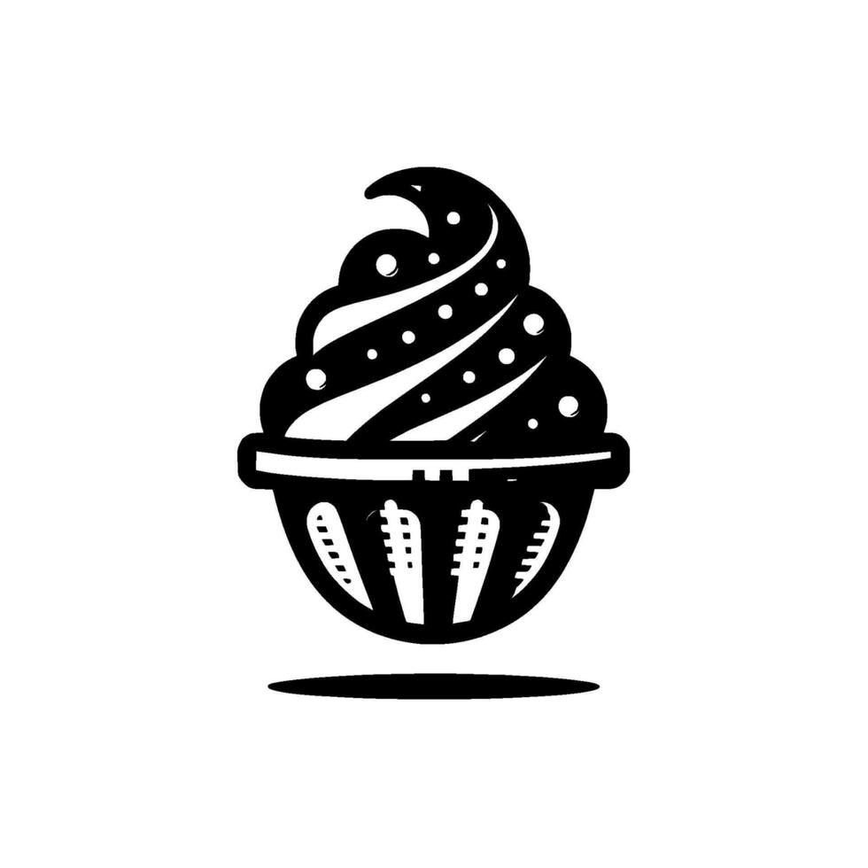 A stylized black and white cupcake logo, featuring a swirling frosted top dotted with small circles and a detailed wrapper silhouette casting a subtle shadow against a pure white backdrop. vector