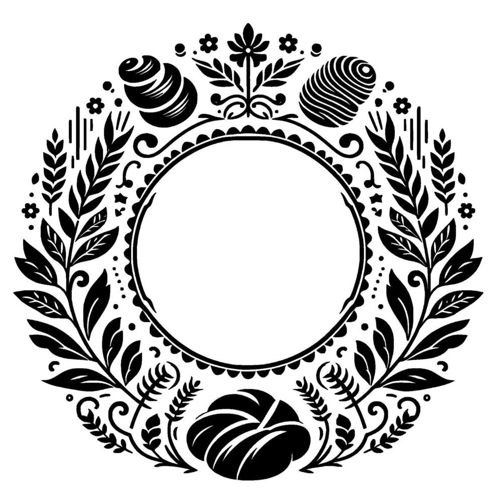 A symmetrical, blackandwhite illustration of a circular frame composed of floral and food elements, evoking a sense of rustic elegance and natures bounty. vector