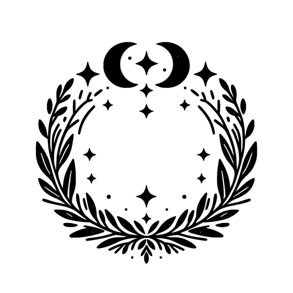 Black and white celestial illustration of a wreath made of leaves and branches enclosing crescent moons and stars. vector