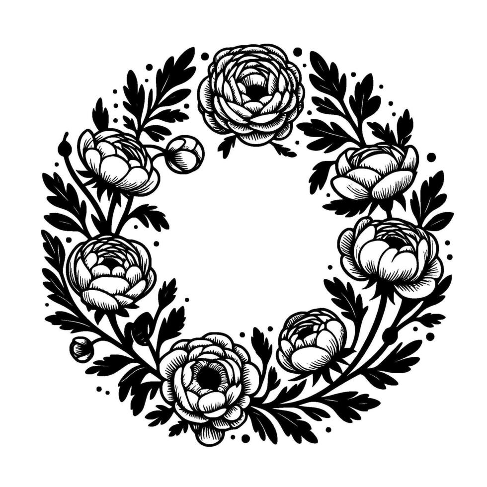 Elegant black and white floral wreath illustration, featuring ranunculus and leafy branches, circular frame on white background. vector