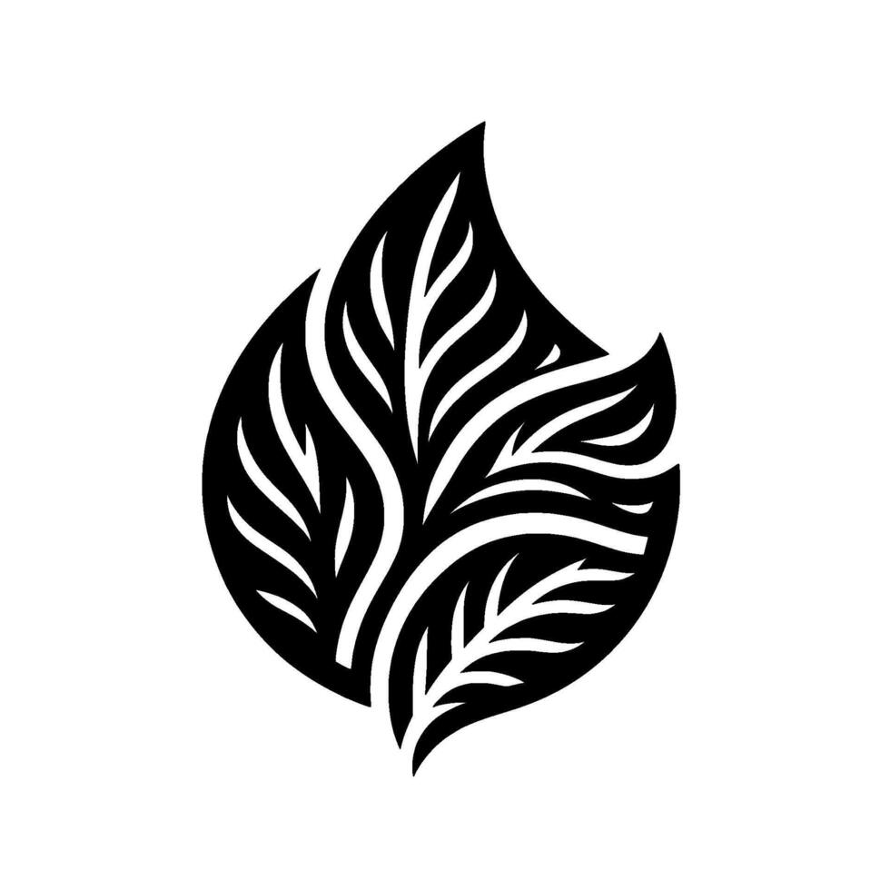Symbolic black and white leaf with abstract veins, minimalist logo, and organic symmetry against white backdrop. vector