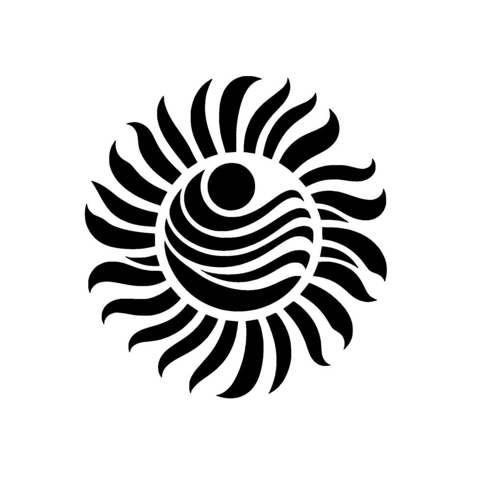 Geometric black sun emblem with radiant curved rays and a center circle embellished with abstract wavelike patterns on white background. vector
