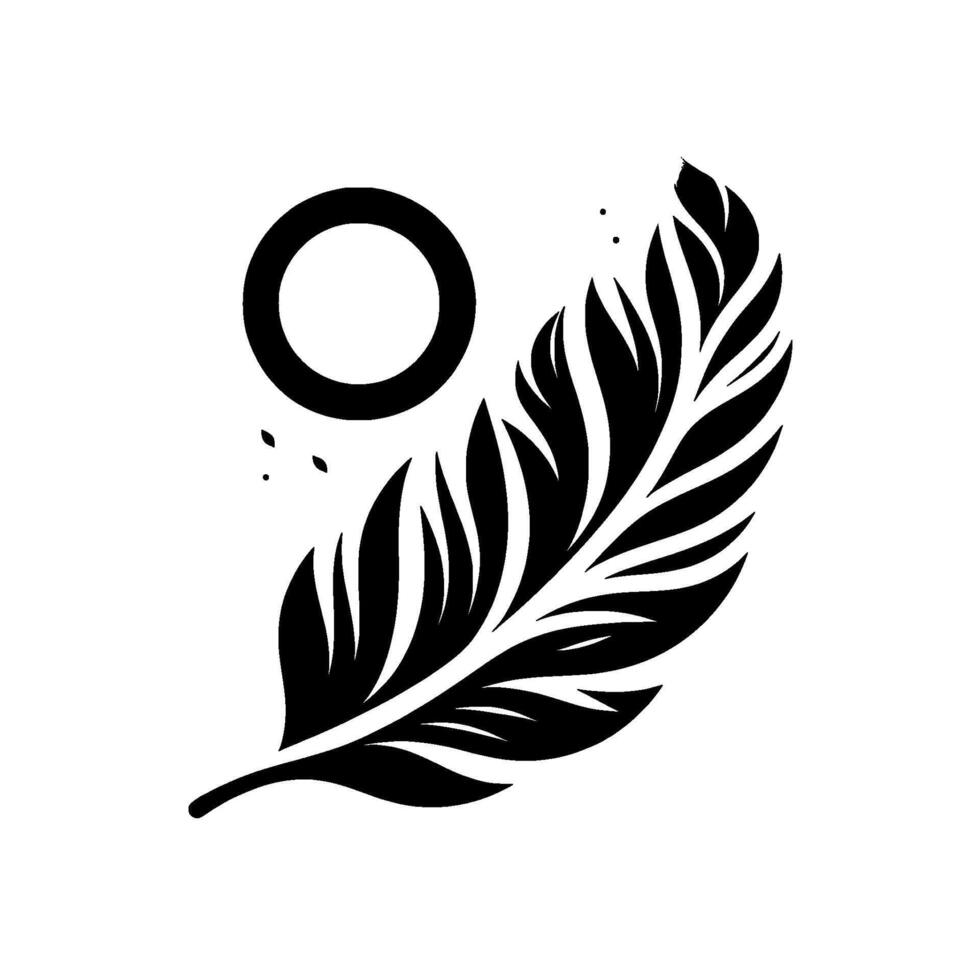 Minimalist black feather with circle and dots on white background simplistic, elegant vector