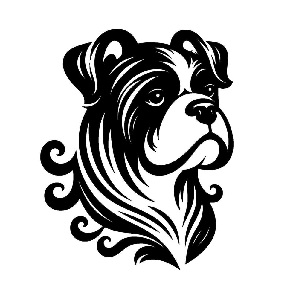 Stylized bulldog portrait in black and white with ornamental flourishes, depicting calm dignity against a pure white background vector