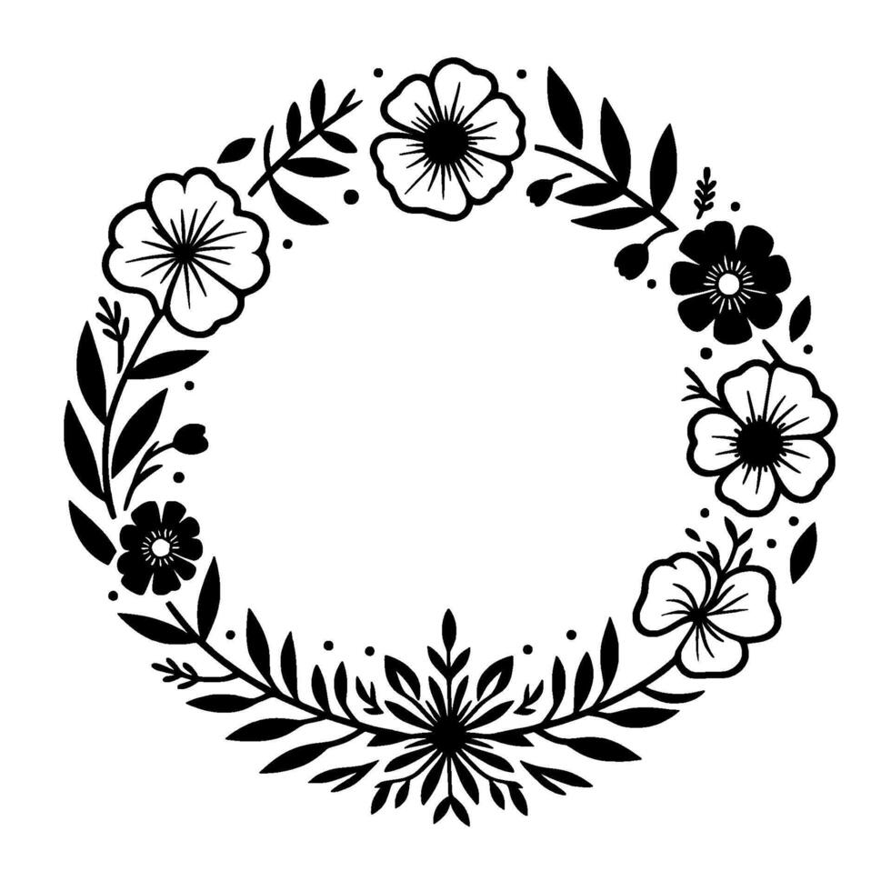 Elegant black and white floral wreath composition featuring delicate blooms, leaves, and dots, for frame or vector