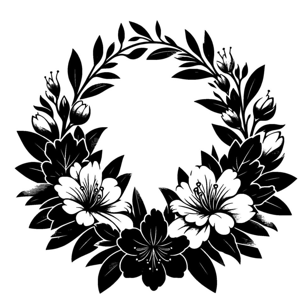 Elegant monochrome floral wreath, featuring detailed blossoms, leaves, and buds in a circular design, suitable for framing or embellishment. vector