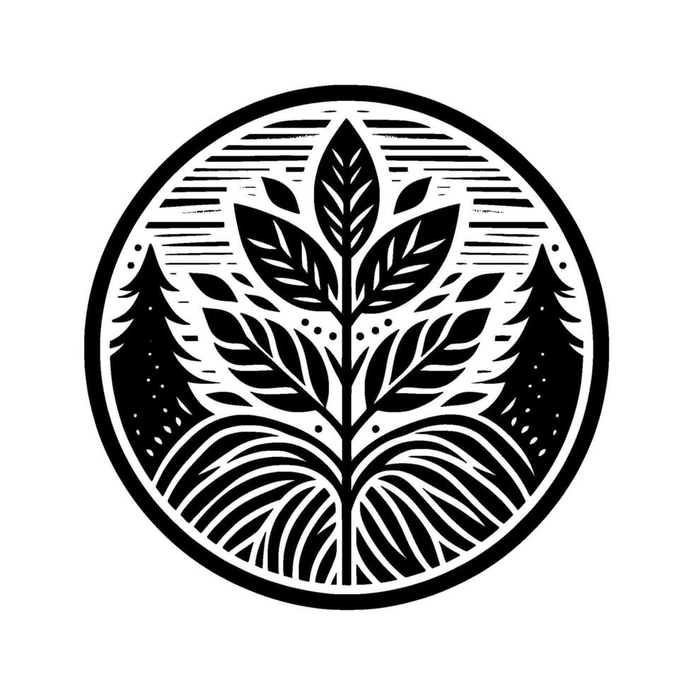 Black white nature crest stylized tree with stylized leaves, pine trees, and layered abstract within a circular emblem, natureinspired. vector