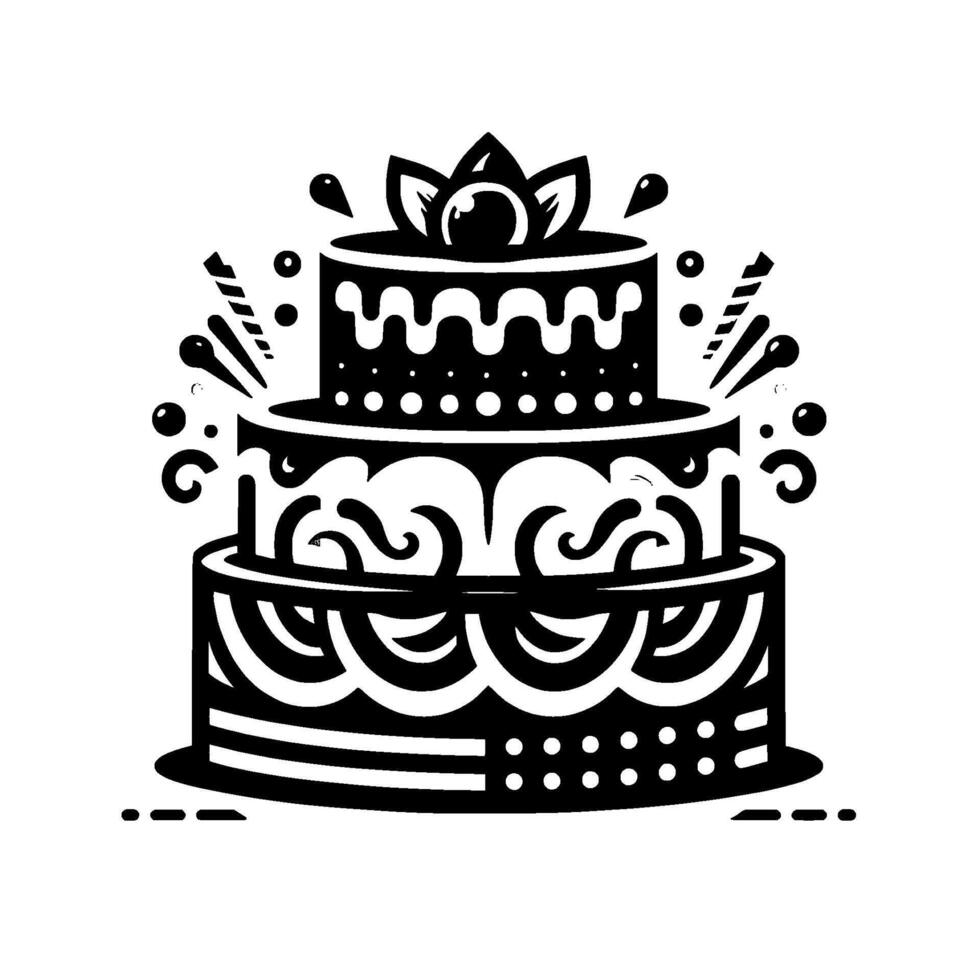 Elegant black white threetier cake illustration with ornate designs, cherry splashes, festive celebration theme. vector