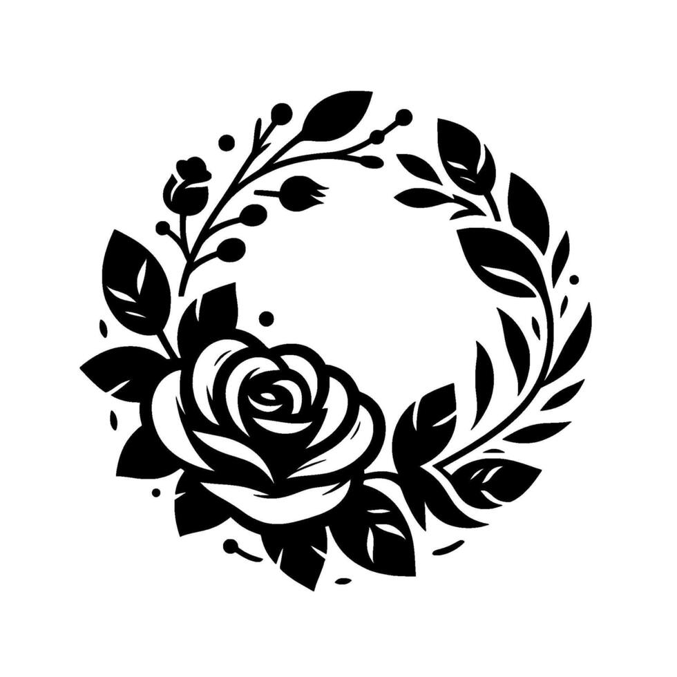 Intricate black and white floral wreath illustration featuring a central rose and surrounding leaves, minimalist design. vector