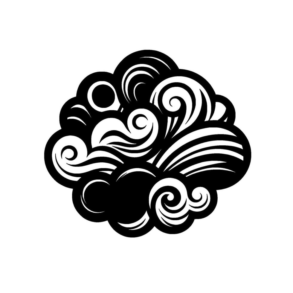 Abstract, vectorstyle cloud with a black and white swirling design, smooth gradients, and drop shadow on white backdrop. vector