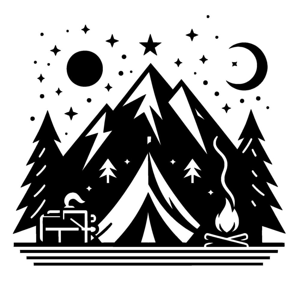 Black and white illustration of a camping scene under a starry night sky, featuring tent, mountains, campfire, and trees. vector