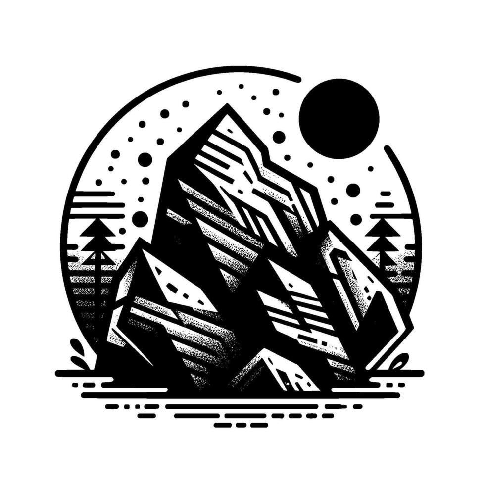 Stylized monochrome mountain scene within a circle, featuring peaks, trees, sun, and dots, evoking nature and adventure. vector