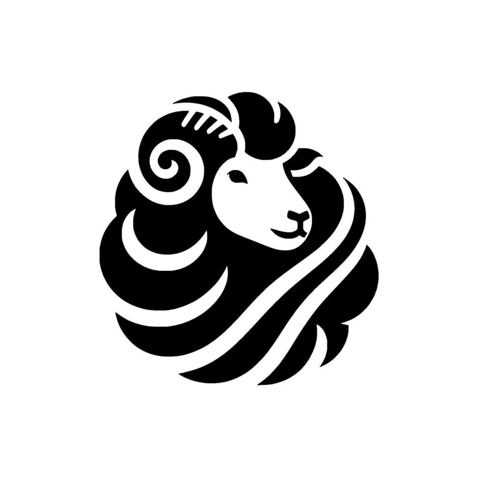 Stylized black and white sheep head emblem with curly horns, fluffy mane, and a happy expression, set against a white background. vector