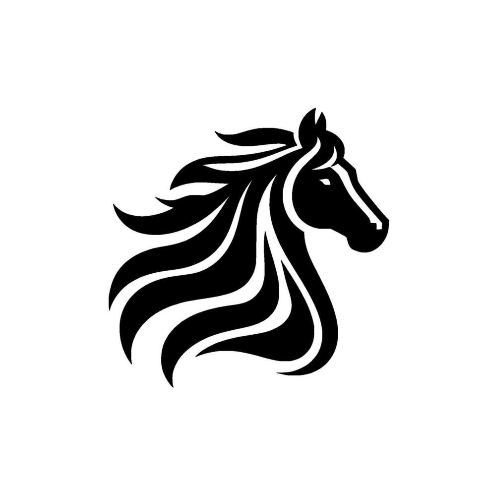 Stylized, monochrome horse head with flowing mane, depicted with striking black and white contrast against a neutral background. vector