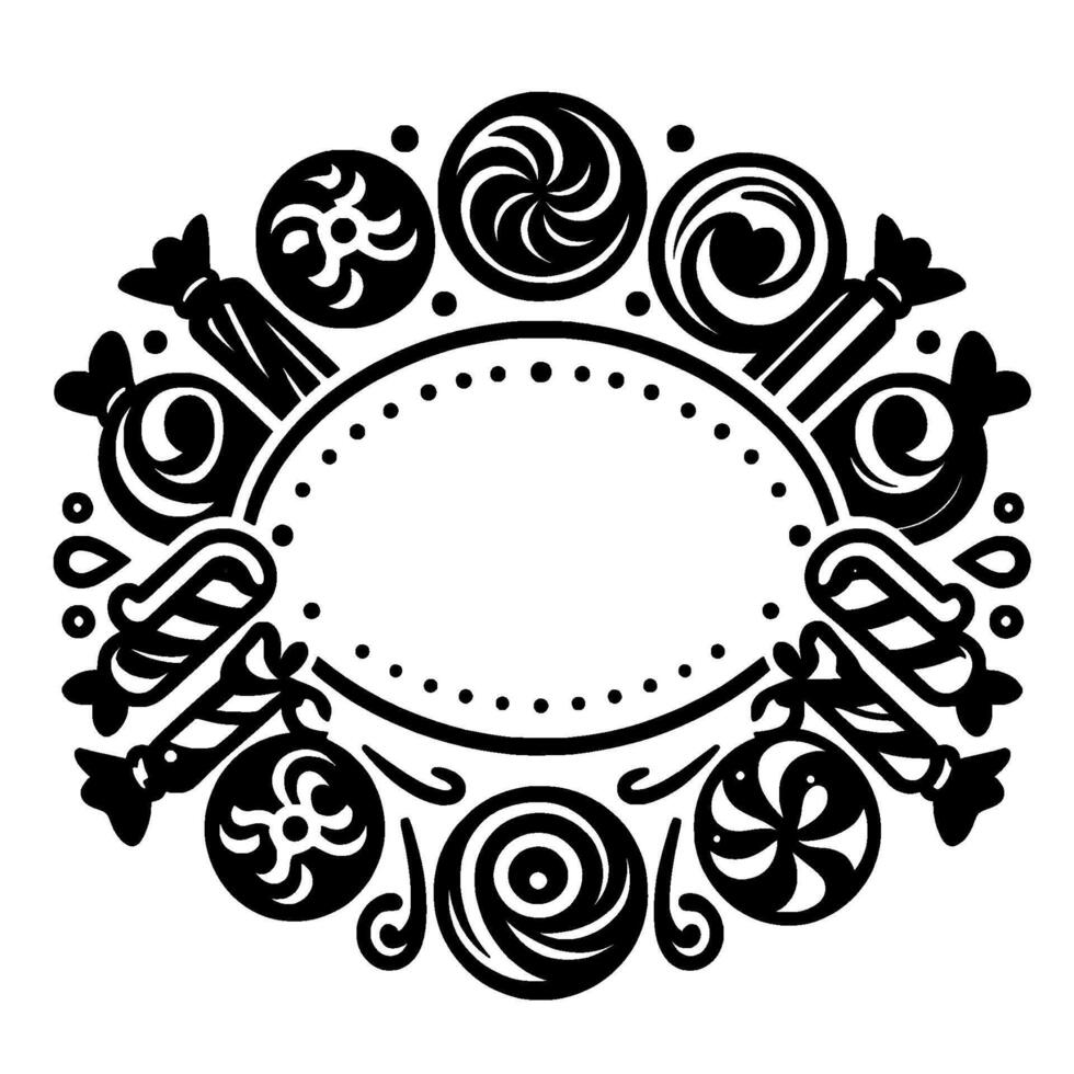 Black and white candythemed oval frame ornamented with lollipops, candies and dots on white background. vector