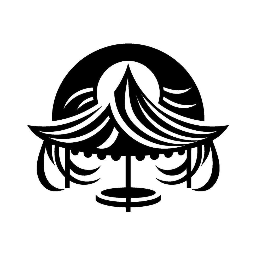 Bold black and white minimalist graphic, stylized pagodalike structure with a curved roof, reminiscent of japanese or east asian architectural aesthetics, set against a plain white backdrop. vector