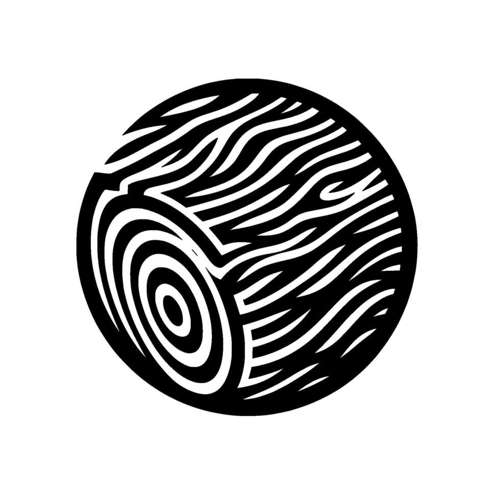 Artistic monochrome depiction of a tree log crosssection, featuring concentric rings and curved grain lines within a circular frame, set against a white backdrop. vector