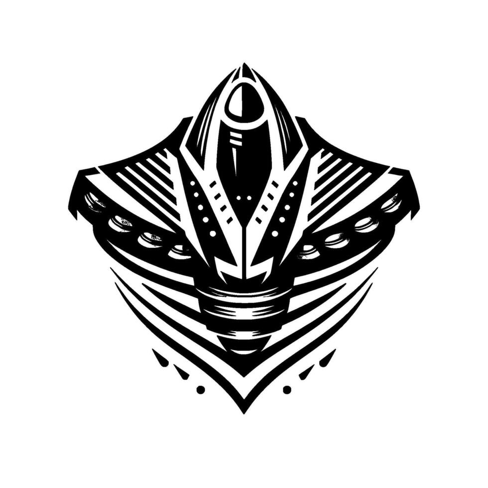 Geometric black and white design stylized abstract starshipcreature with eyelike structures and angular lines. vector