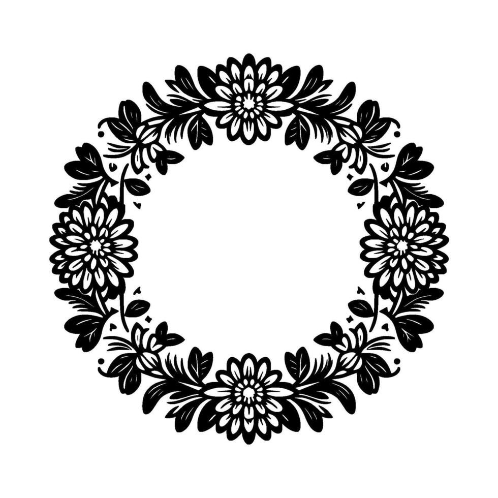 Elegant circular floral design a monochrome black and white botanical wreath, showcasing detailed flower and leaf patterns, isolated on white. vector