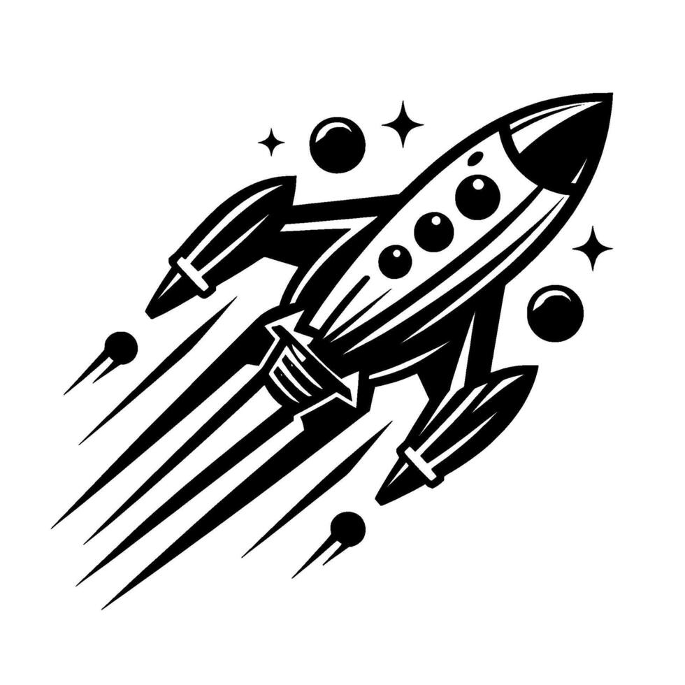 Stylized black and white rocket ship soaring through space with stars and spheres retro vector