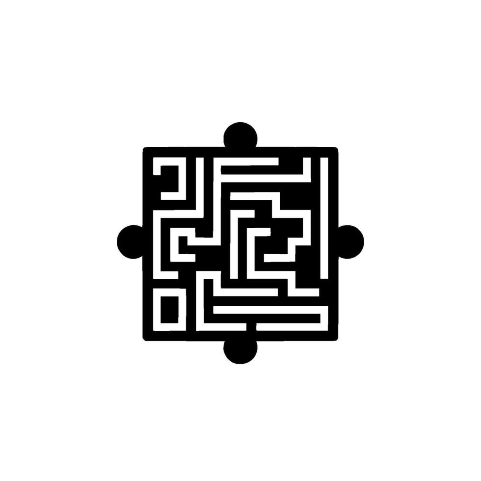 A minimalist black and white conceptual artwork featuring a square maze with circular connectors at each corner, signifying interconnectedness. vector