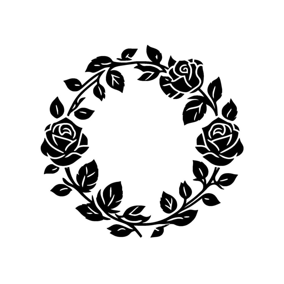 A symmetrical, black and white floral wreath comprised of roses, leaves, and stems, creating a circular frame on a white backdrop. vector