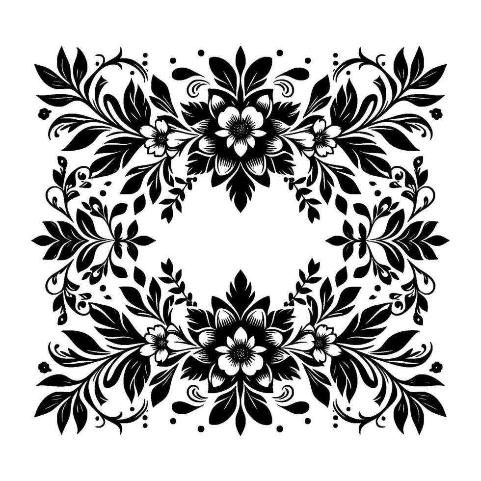 Elegant black and white floral square frame with detailed symmetry, decorative flourishes, and botanical elements, perfect for design. vector