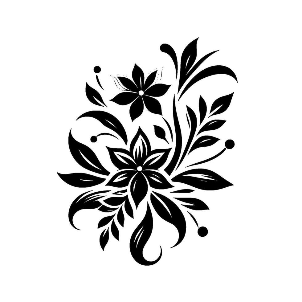 Elegant black floral art stylized blooms, leaves, and berries, symmetrical composition on a white canvas. vector