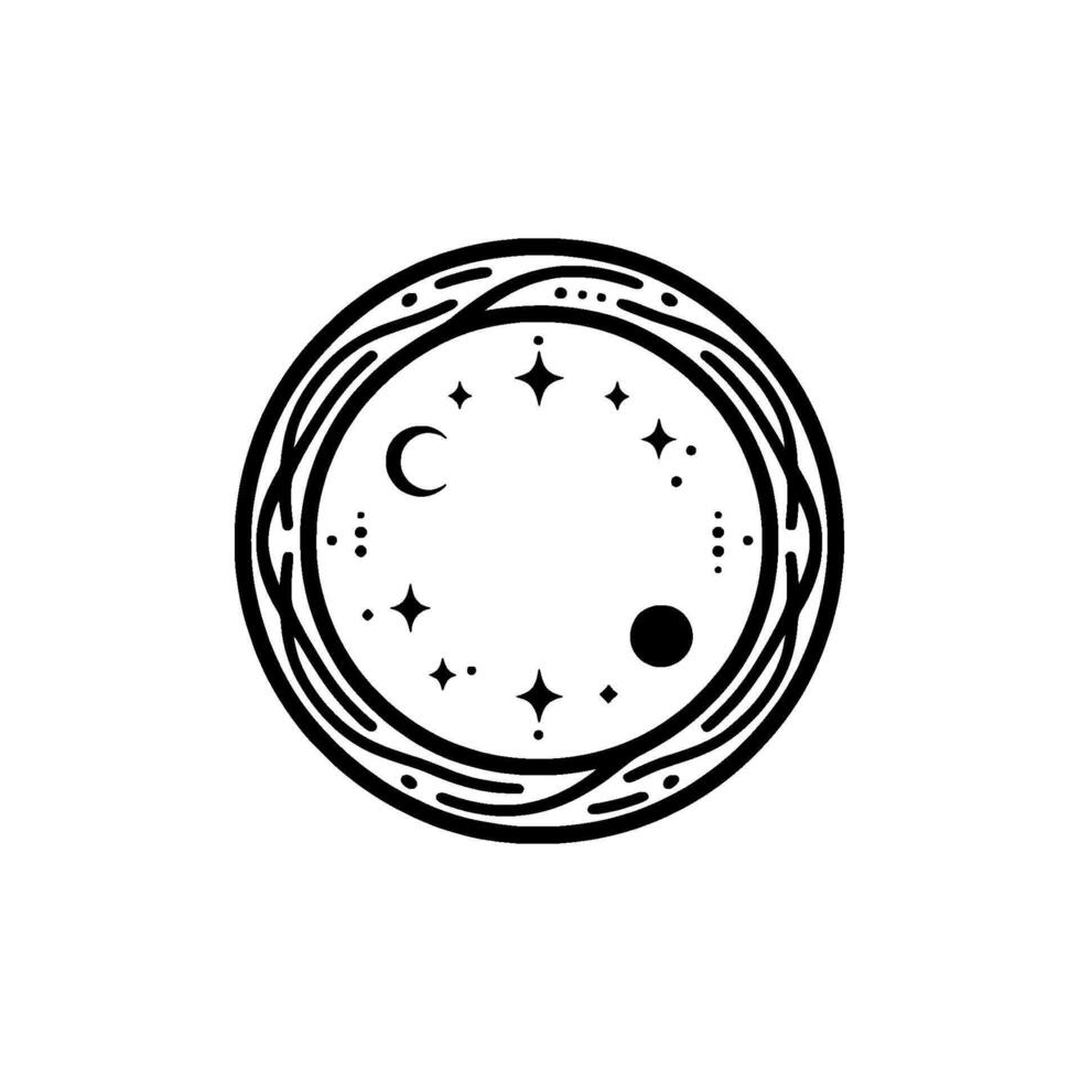 Celestial circle minimalist black and white illustration featuring crescent moon, stars, and orbital design. vector
