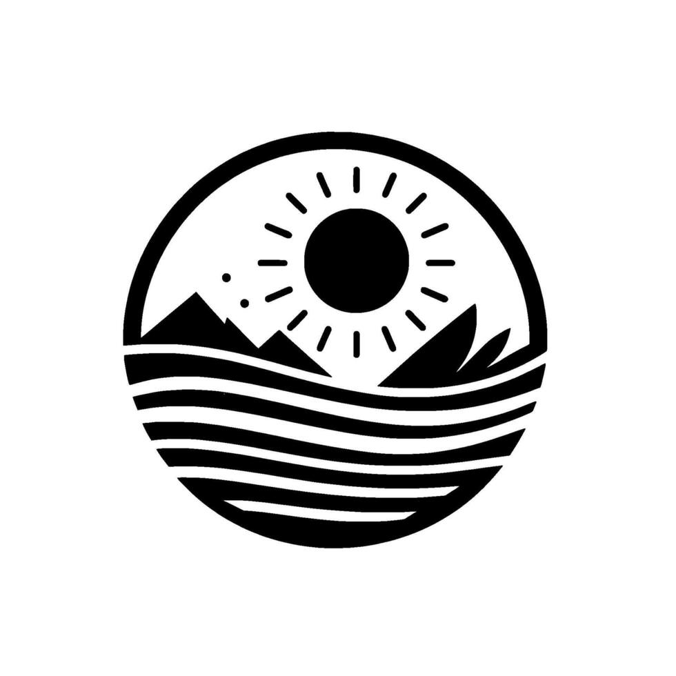 Circular black and white illustration of a seascape with mountains, radiating sun, waves and organic elements. vector