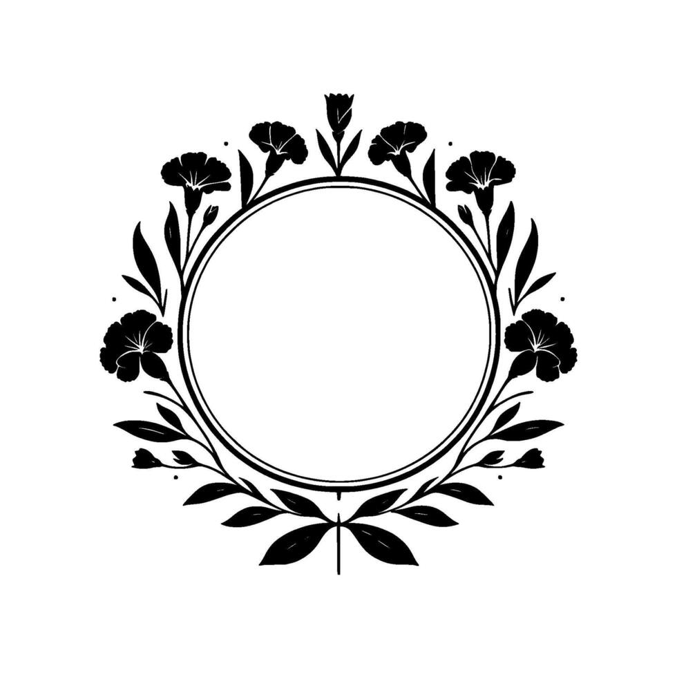 Elegant black floral wreath encircling a blank circle, ideal for invitations, logos, and minimalist design, on a textured white background. vector