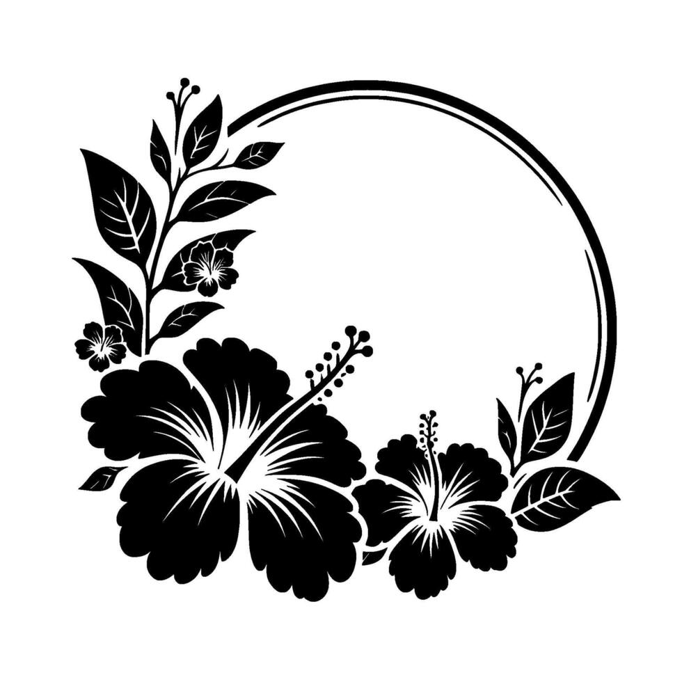 Elegant black and white floral frame featuring hibiscus flowers, leaves, and a circular border, perfect for invitations. vector