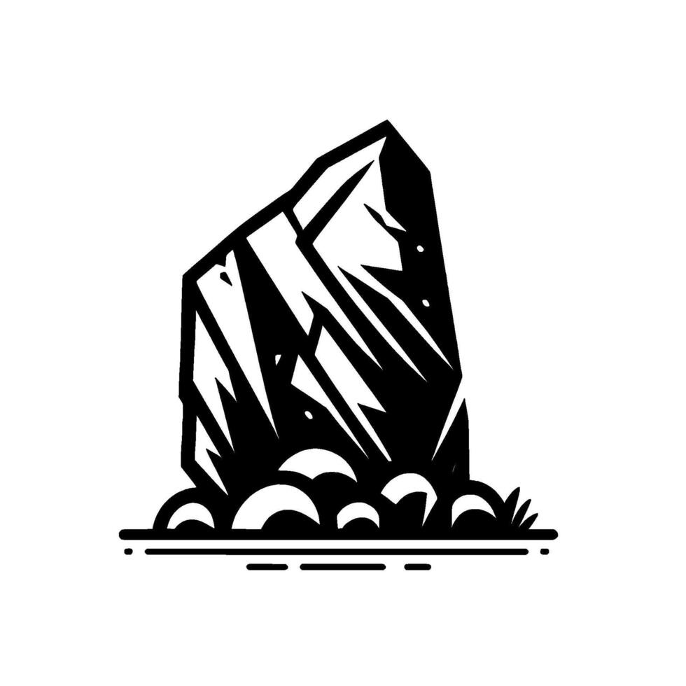 A stark minimalist black and white of a jagged rock formation with base of round stones, a clean and simple design. vector