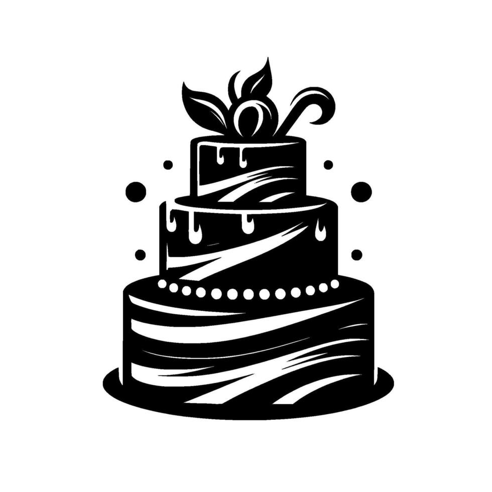 Elegant threetiered cake silhouette with floral topper, dripping icing and embellished with pearls and decorative waves. vector
