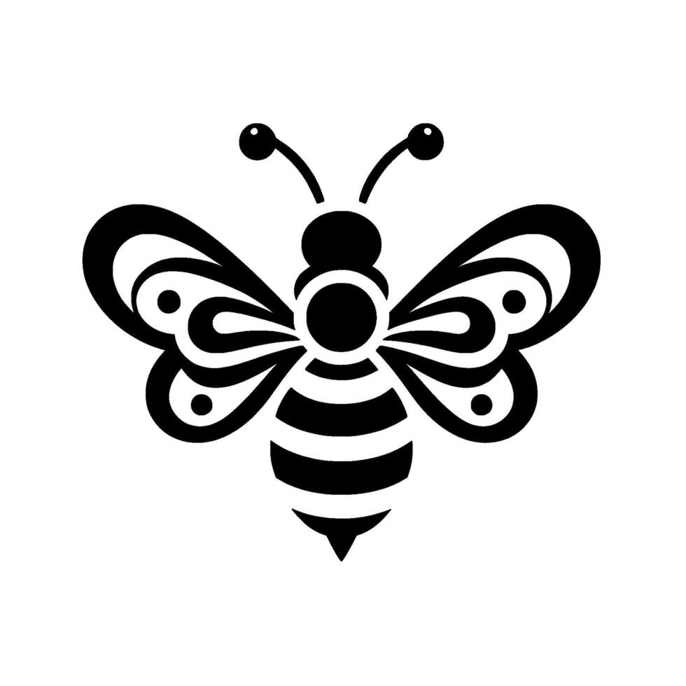 Symmetric black and white honeybee illustration a stylized with detailed wings, antennas, and striped abdomen. vector